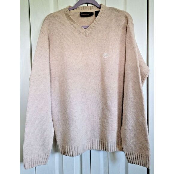 Timberland Men's Large Lambswool‎ Pullover Sweater Tan V-Neck 100% Lambswool - Picture 1 of 6
